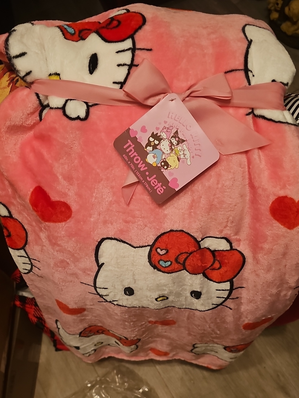 Hello Kitty Pink Plush Throw Blanket with Red Accents